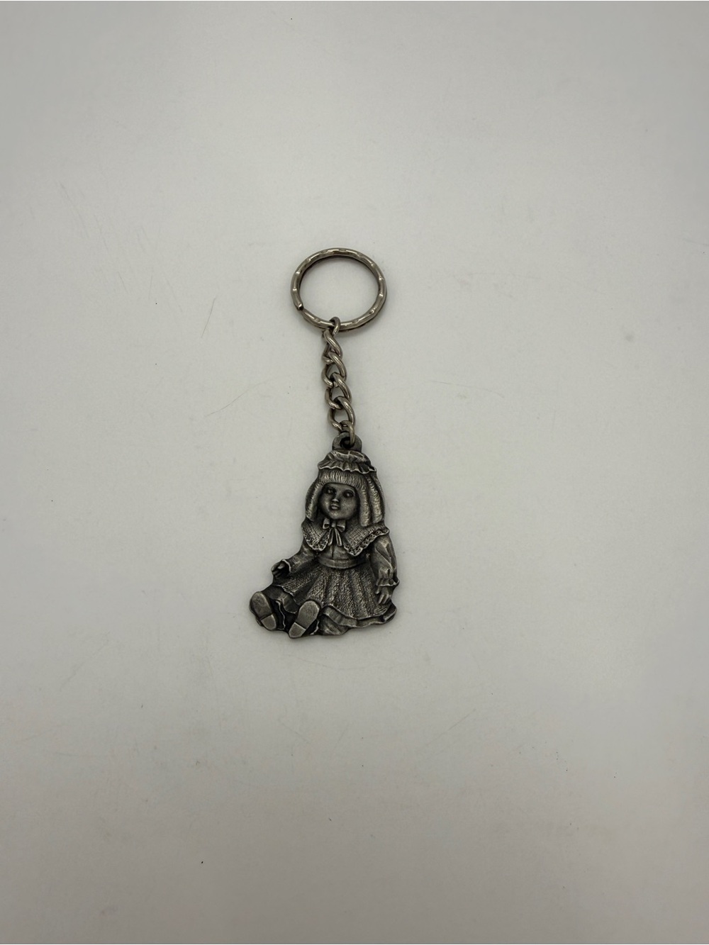 “I LOVE DOLLS” (Signed) Rawcliffe 1983 Vintage Pewter Doll Keychain